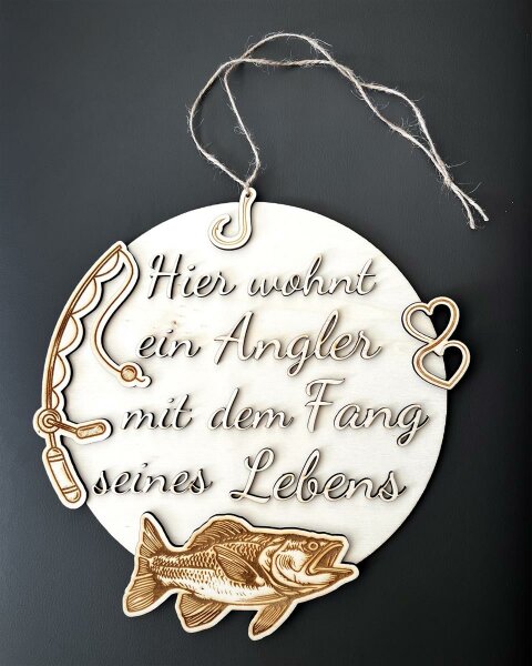 Holzschild "Hier wohnt ein Angler" 30cm